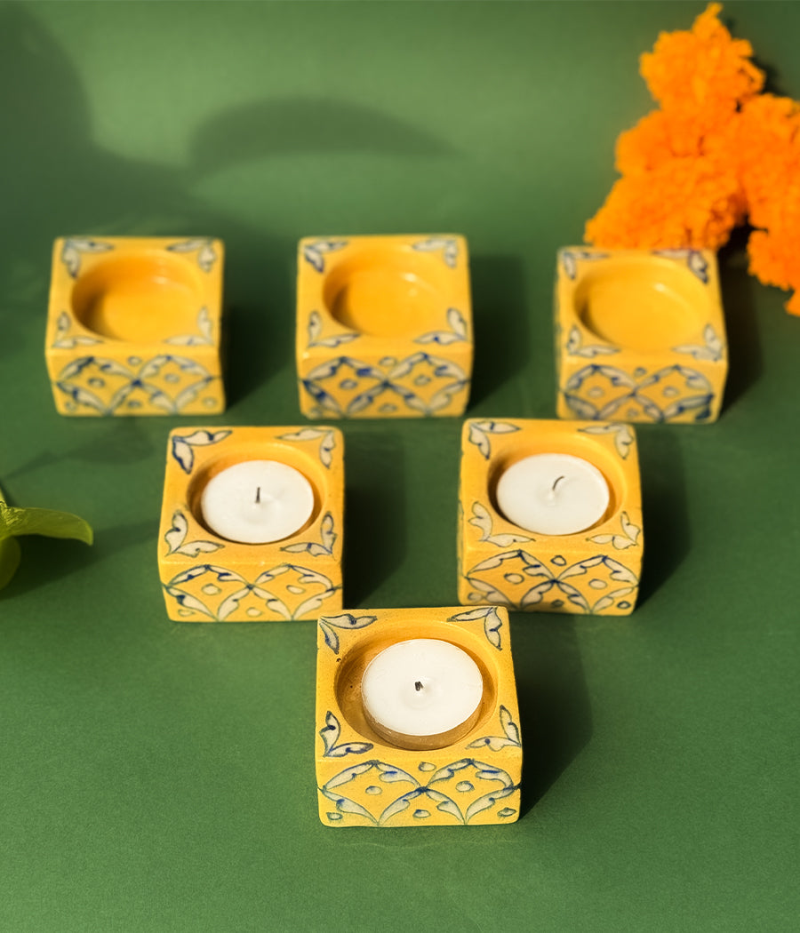 Blue Pottery Square Diyas - Set of 6