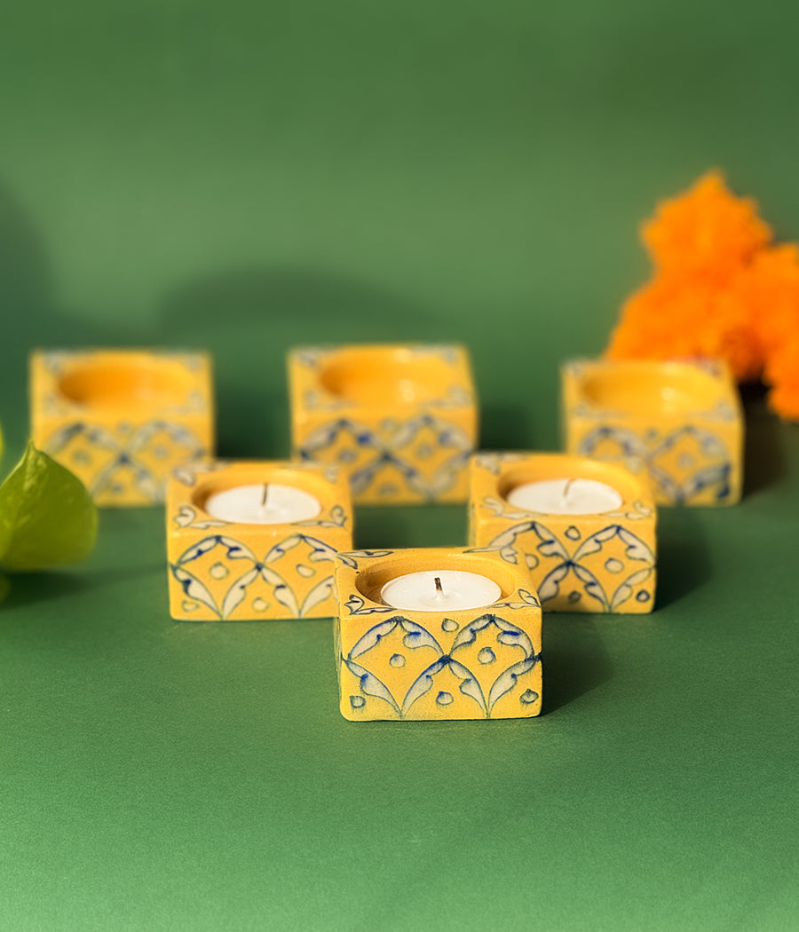 Blue Pottery Square Diyas - Set of 6