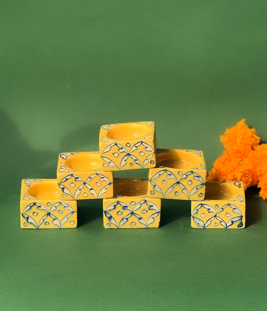Blue Pottery Square Diyas - Set of 6