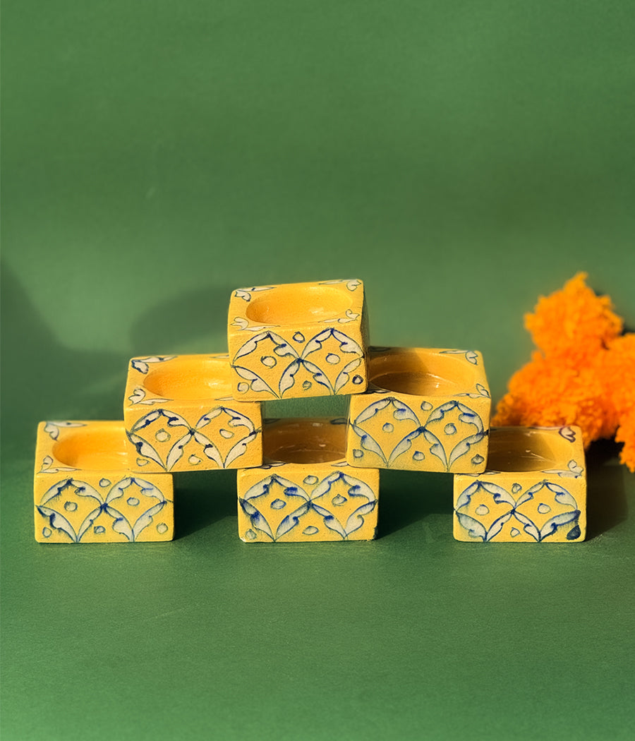 Blue Pottery Square Diyas - Set of 6