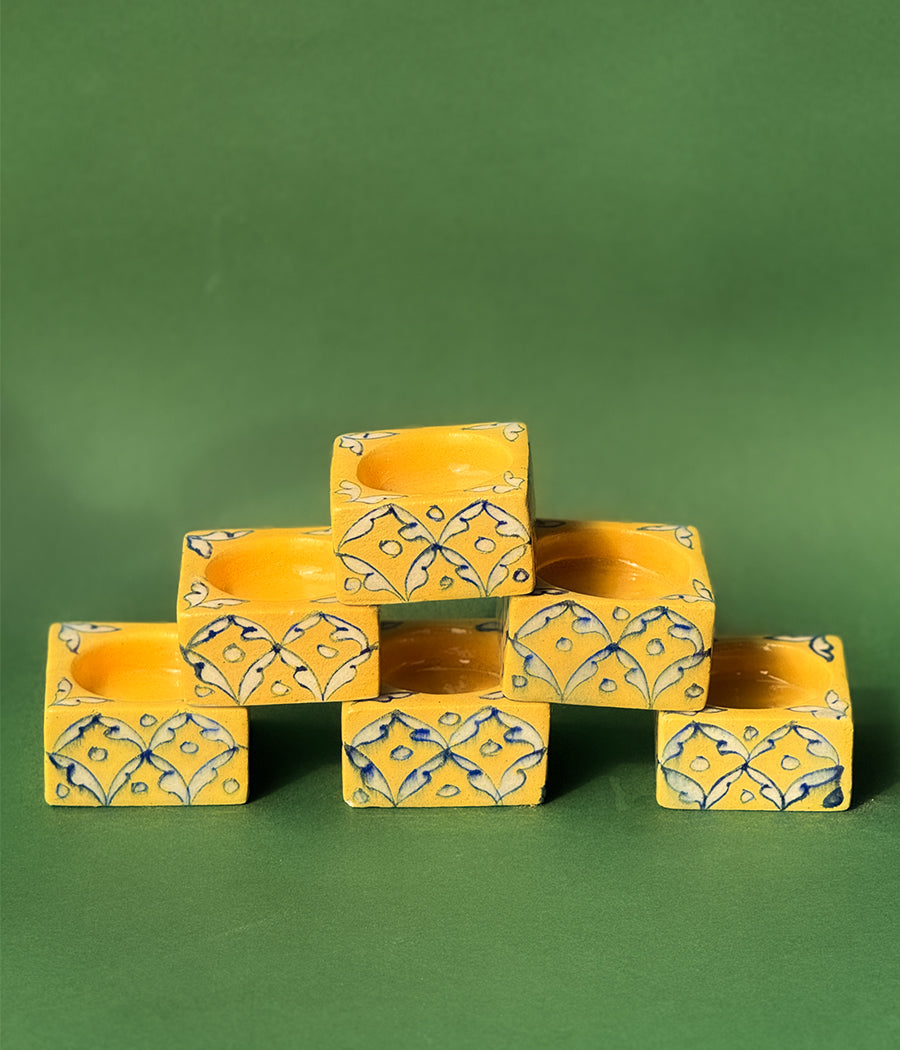 Blue Pottery Square Diyas - Set of 6