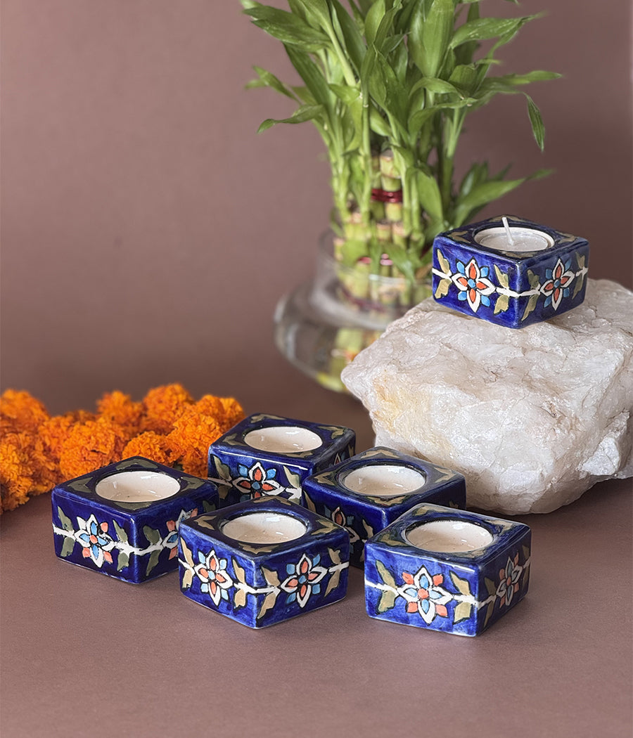 Blue Diya with yellow floral Design - Set of 6
