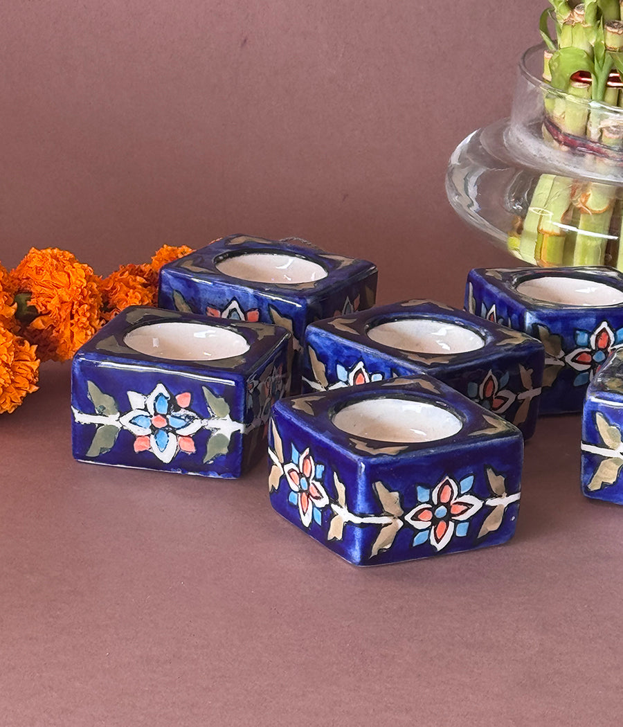 Blue Diya with yellow floral Design - Set of 6