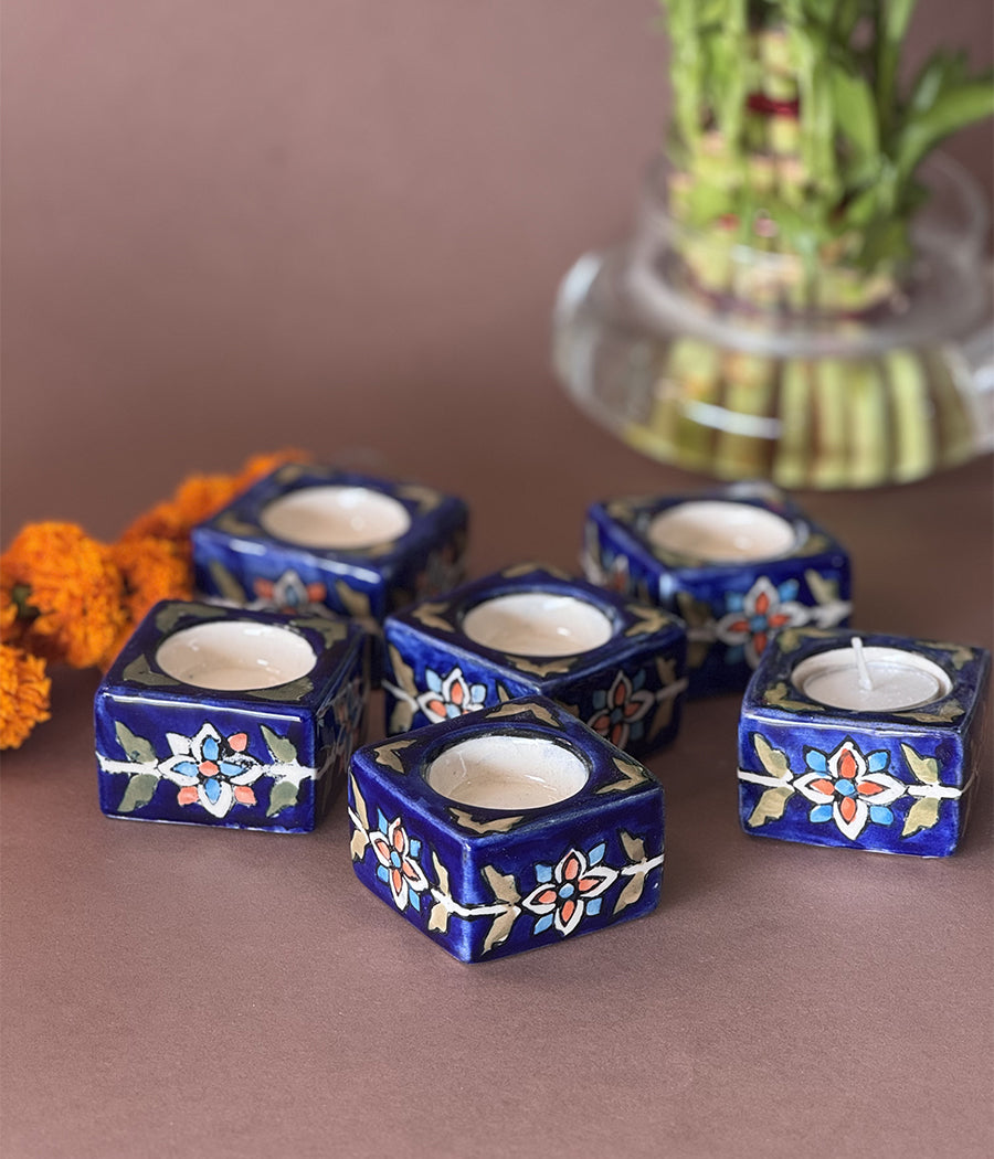 Blue Diya with yellow floral Design - Set of 6