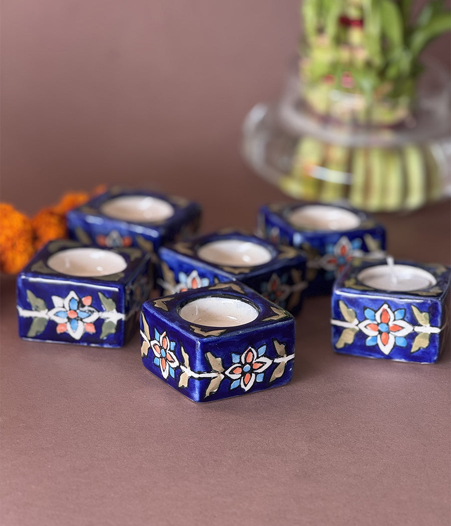 Blue Diya with yellow floral Design - Set of 6