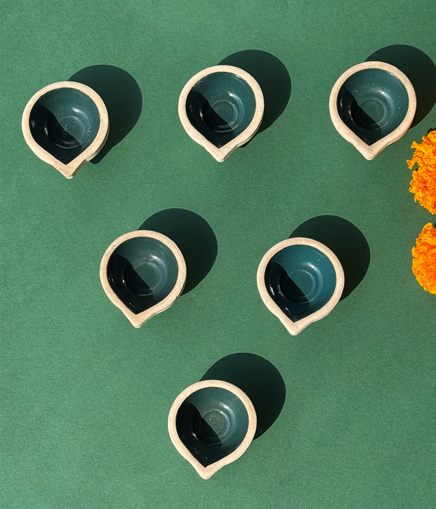 Green Ceramic Diya - Set of 6