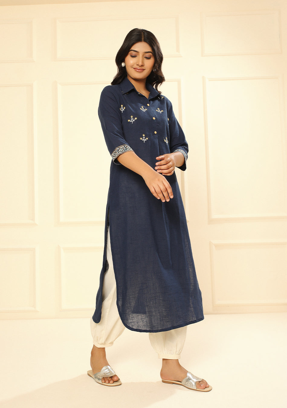 Navy Blue Solid Cotton Kurta