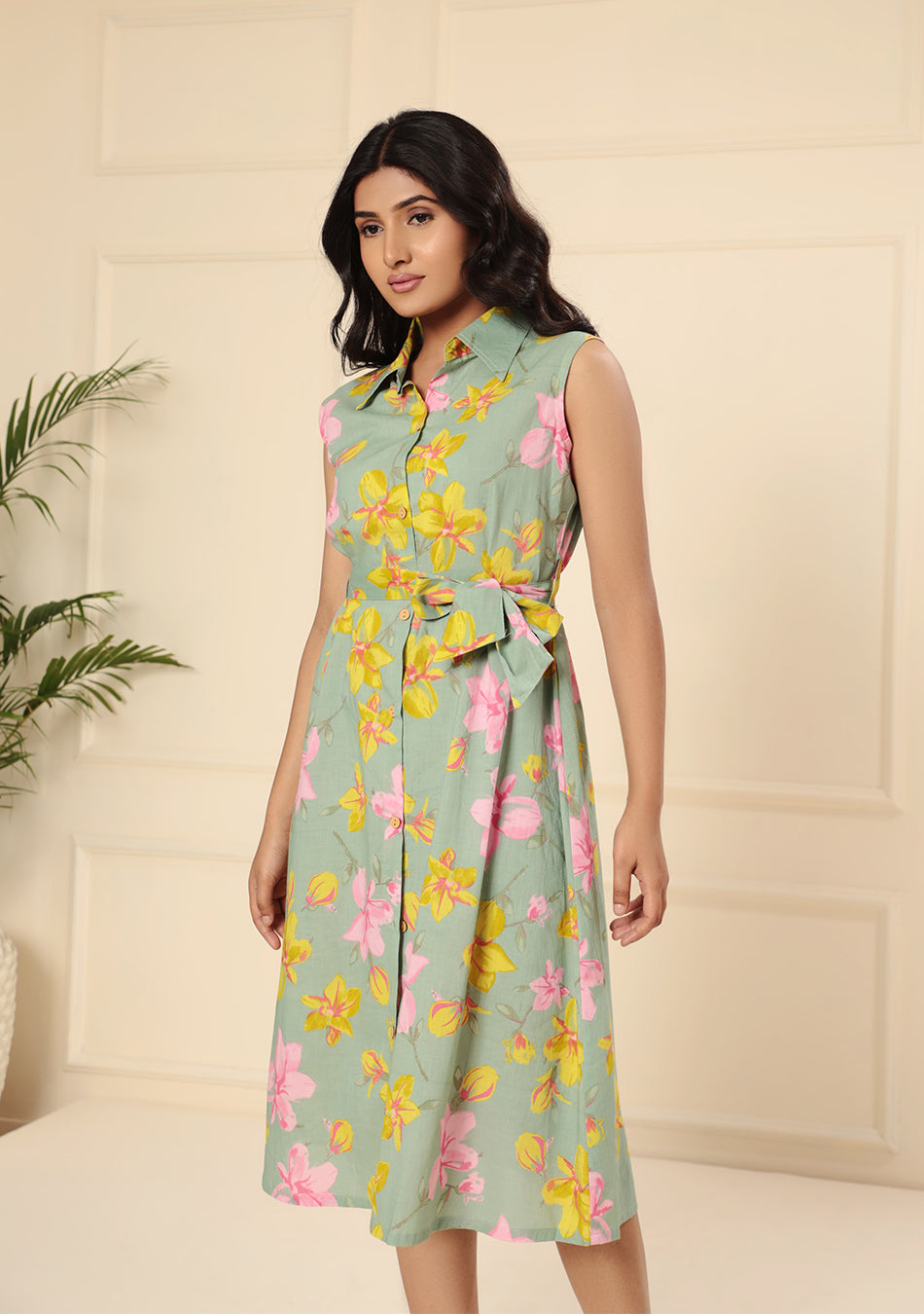 Sage Green Floral Print A-Line Midi Dress