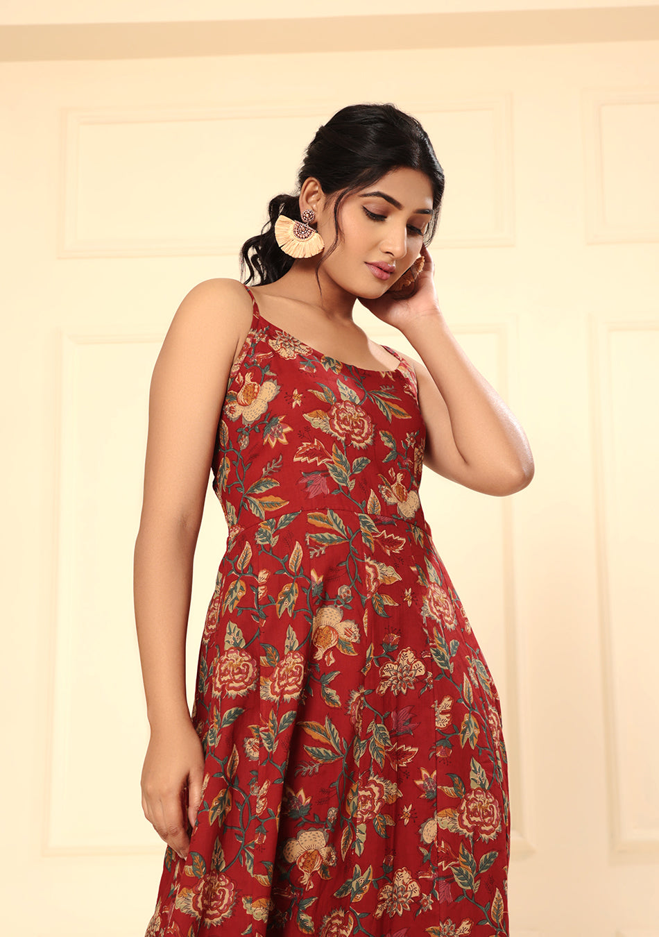 Crimson Red Shoulder Straps Floral Dress