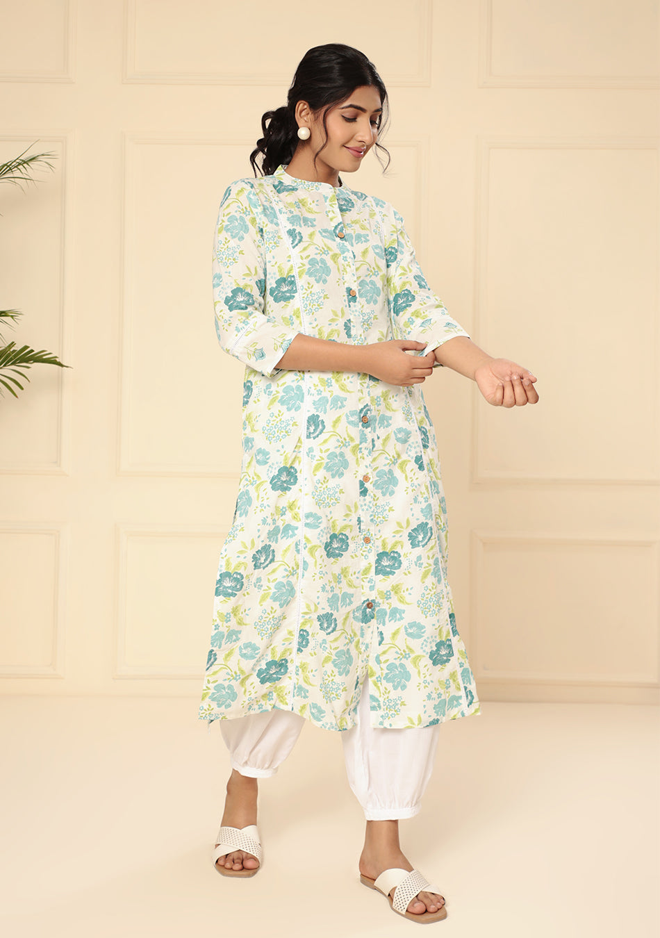 White Floral Printed A-Line Kurta