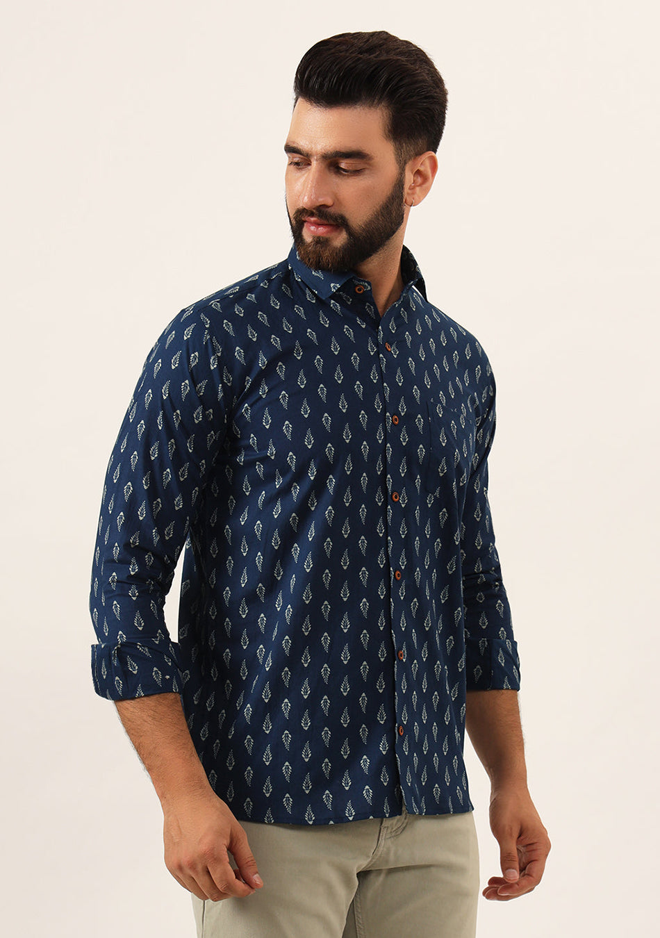 Indigo blue Floral Print Pure Cotton Regular Fit Casual Shirt