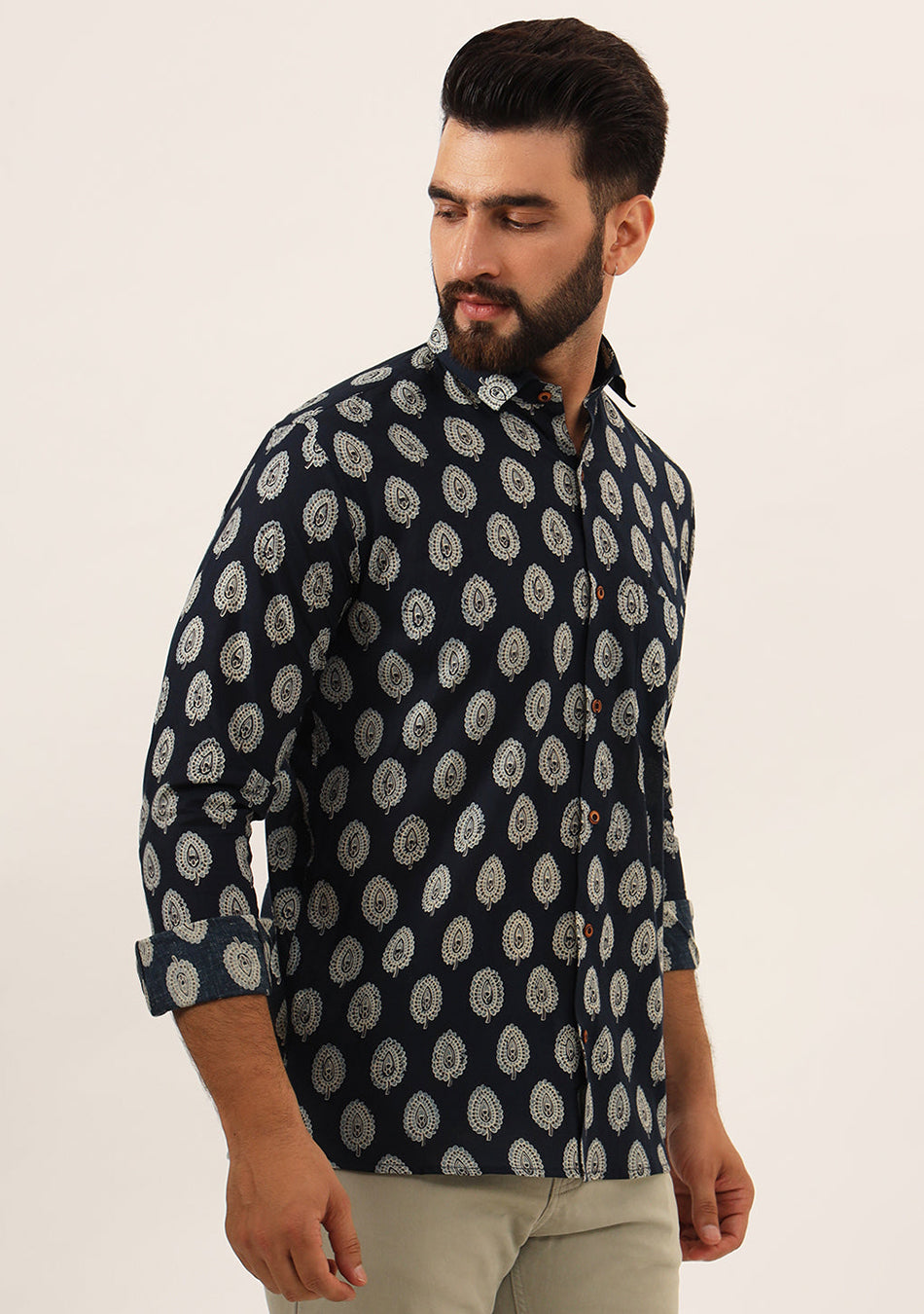 Navy Blue Printed Pure Cotton Regular Fit Casual Shirt