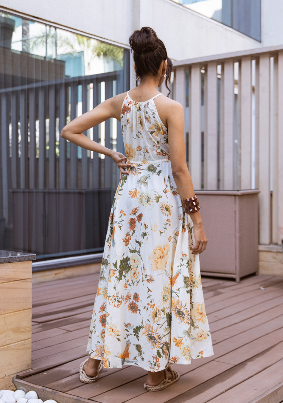 IVORY BOTANICAL HALTER MAXI DRESS