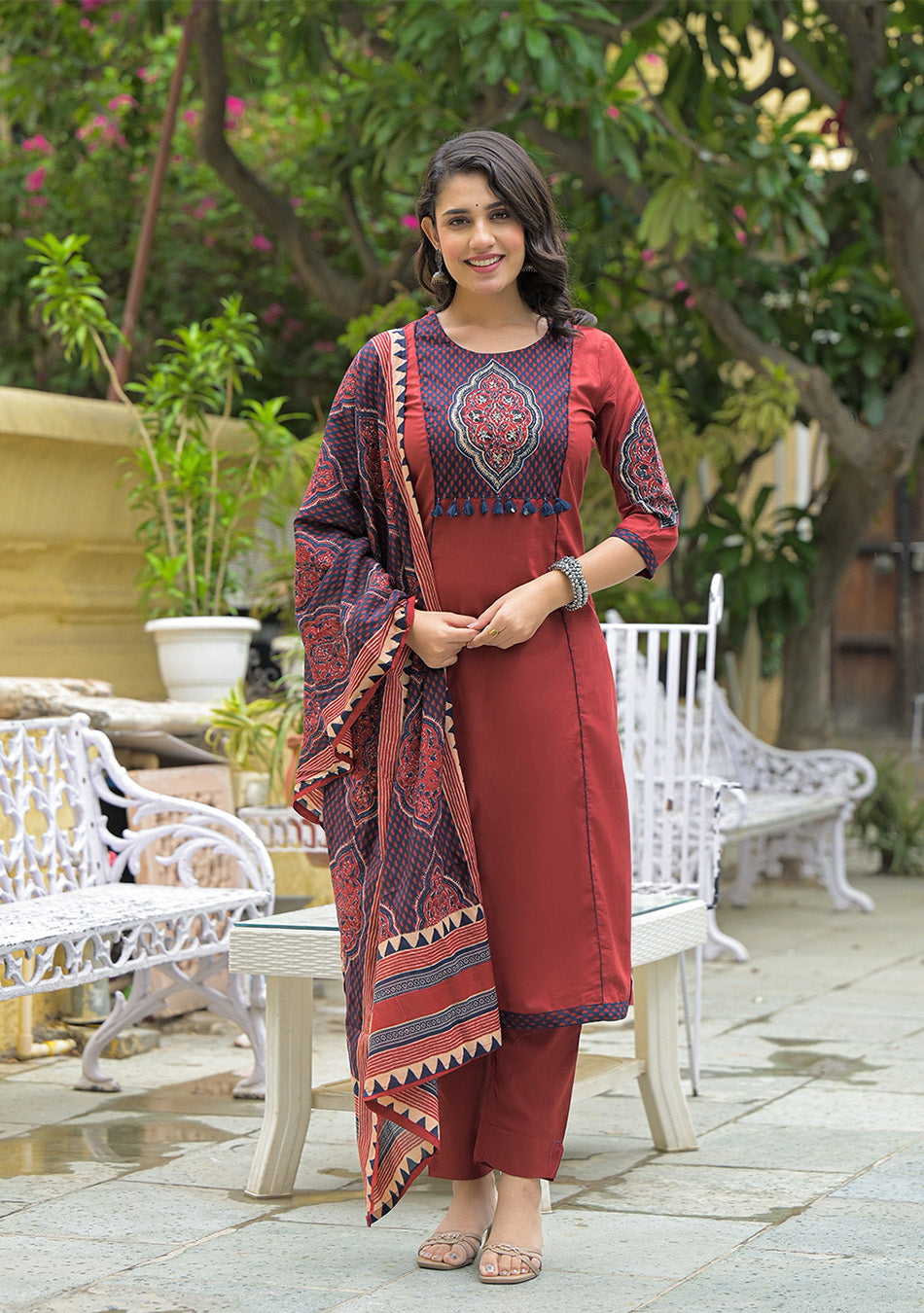 Maroon Cotton Round neck Yoke work kurta Pant Set With Dupatta