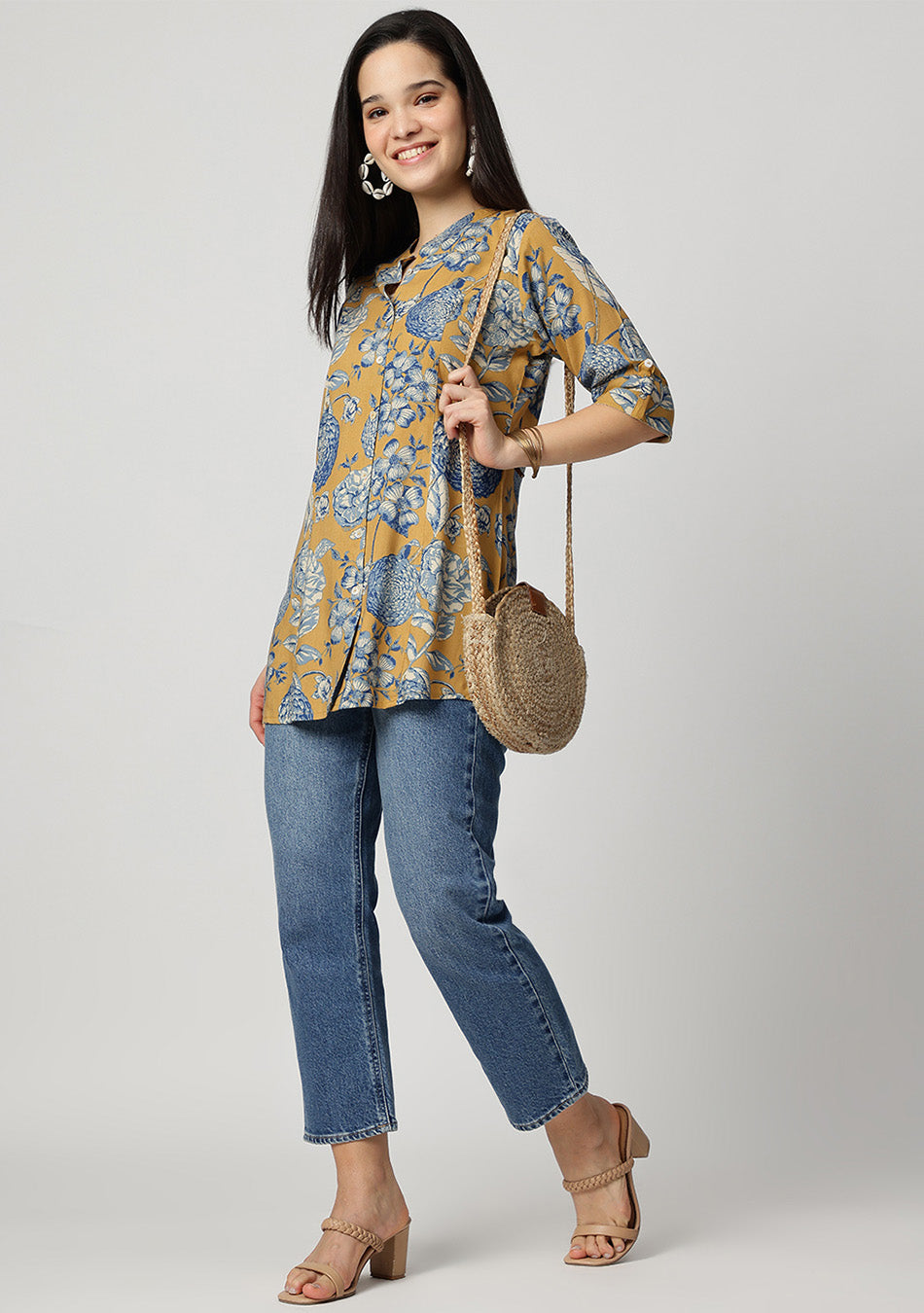 Mustard bloom Rollup Sleeves A-Line Top