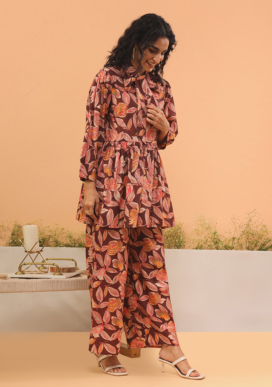 Maroon Floral Print Muslin Peplum Top With Bell-Bottom