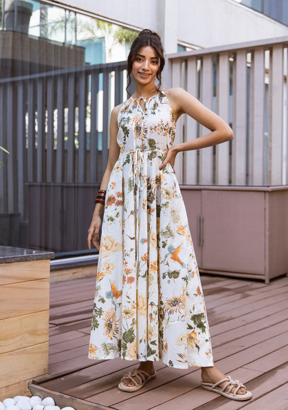 IVORY BOTANICAL HALTER MAXI DRESS
