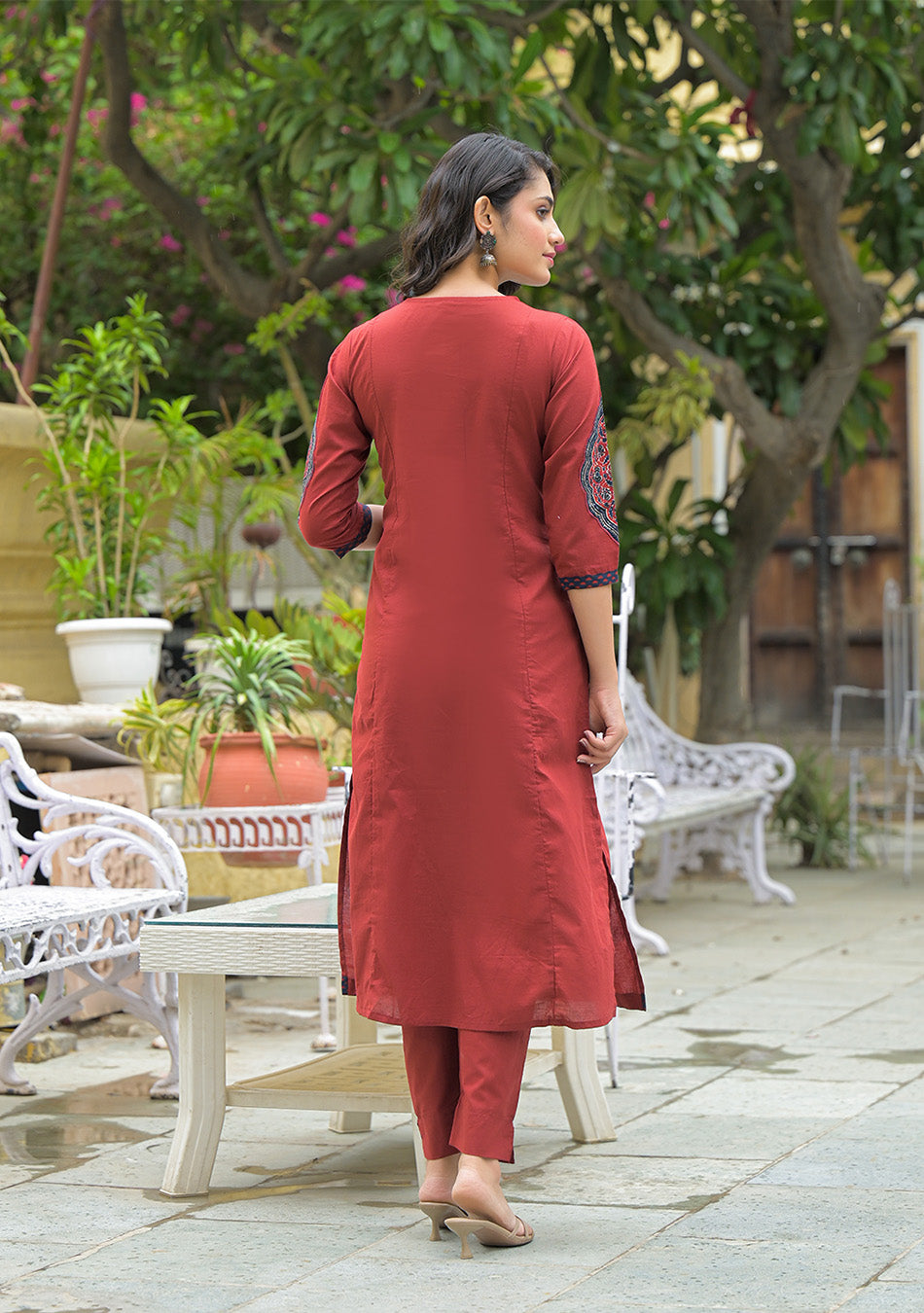 Maroon Cotton Round neck Yoke work kurta Pant Set With Dupatta