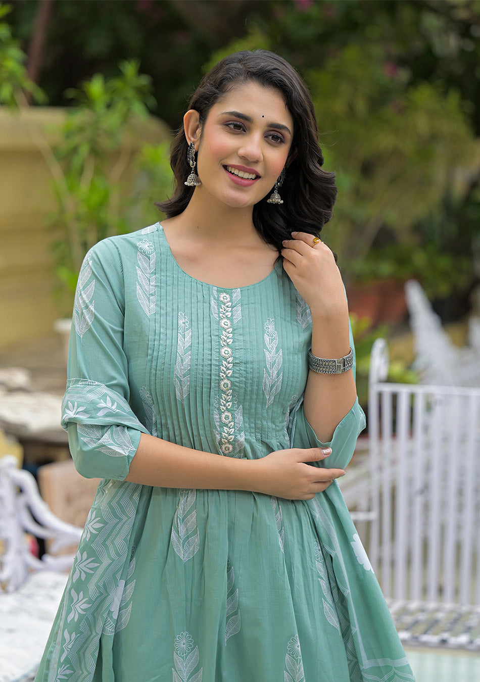 Teal Green Cotton Pintuck Design Kurta pant set with Dupatta