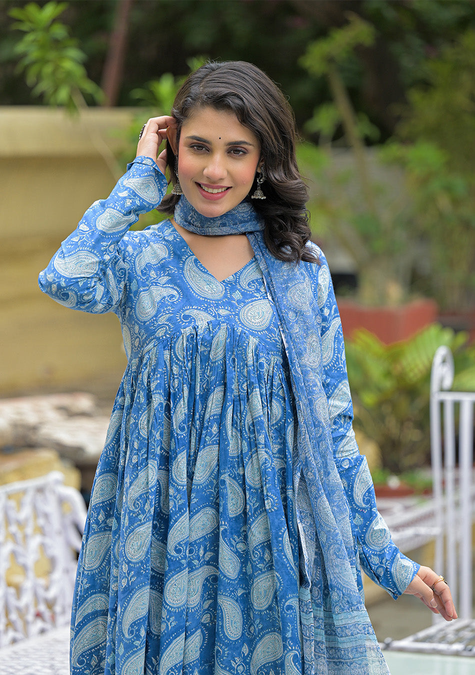 Blue Cotton Paisley Printed Kurta Pant Set With Dupatta