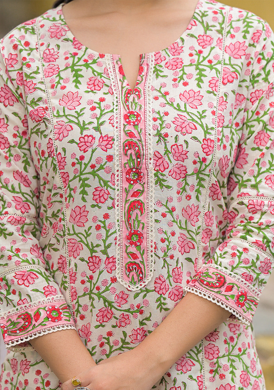 White Cotton Floral Printed Kurta Pant Set with Dupatta