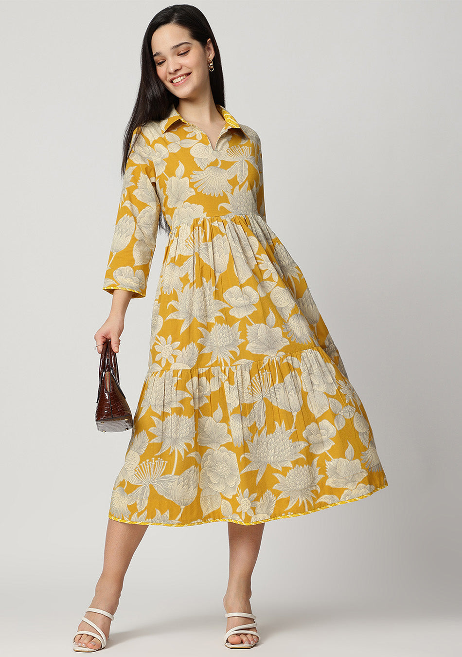 Yellow Botanical Tiered Dress