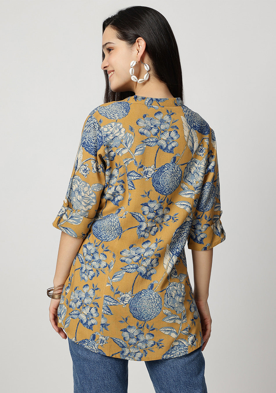 Mustard bloom Rollup Sleeves A-Line Top