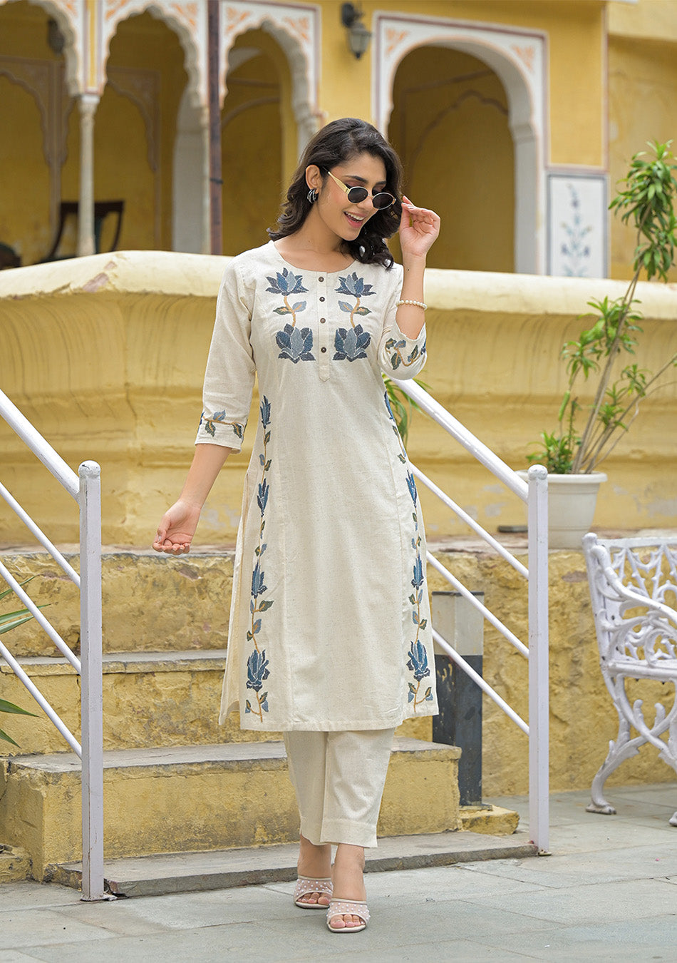 Off White Blue Embroidery Co-ord Set