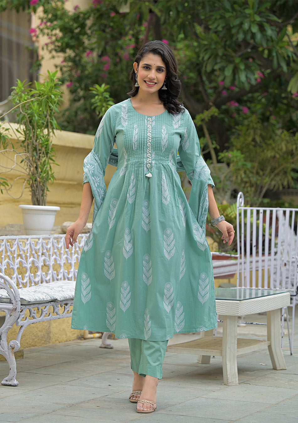 Teal Green Cotton Pintuck Design Kurta pant set with Dupatta