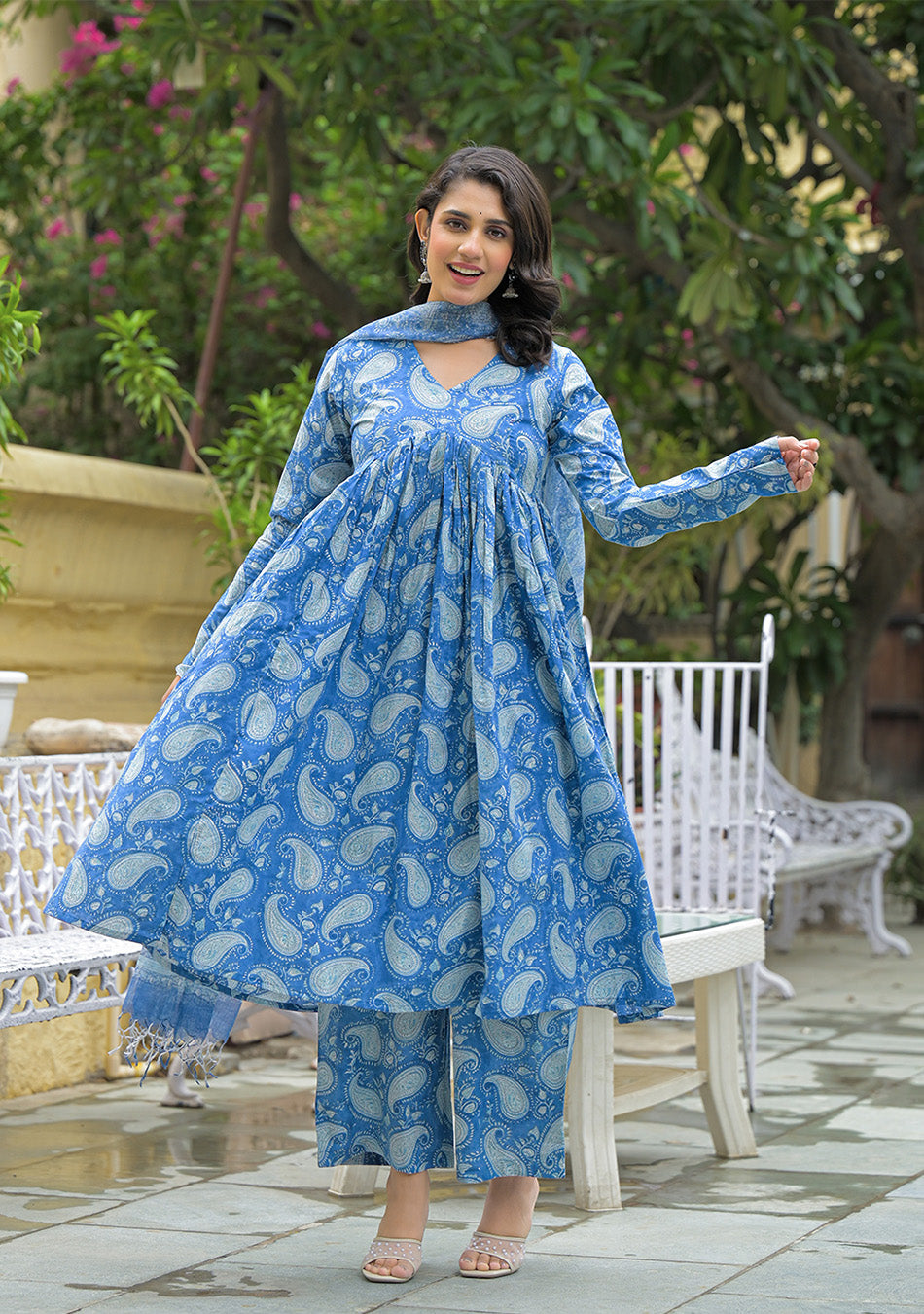 Blue Cotton Paisley Printed Kurta Pant Set With Dupatta