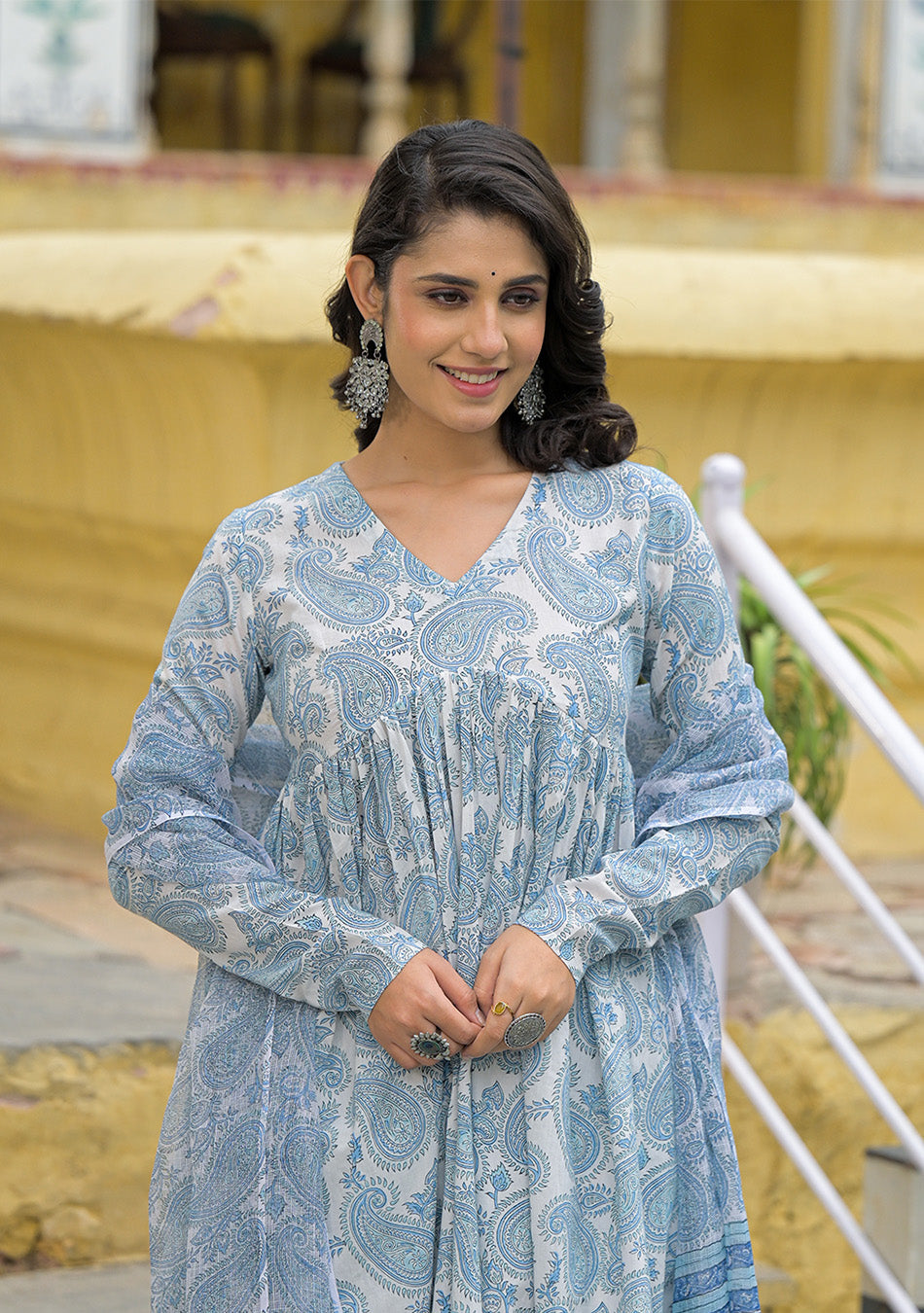 White Cotton Paisley Printed Kurta Pant Set With Dupatta