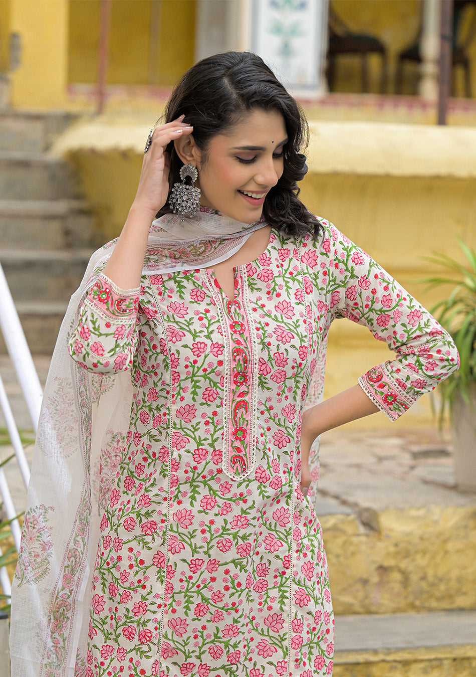White Cotton Floral Printed Kurta Pant Set with Dupatta