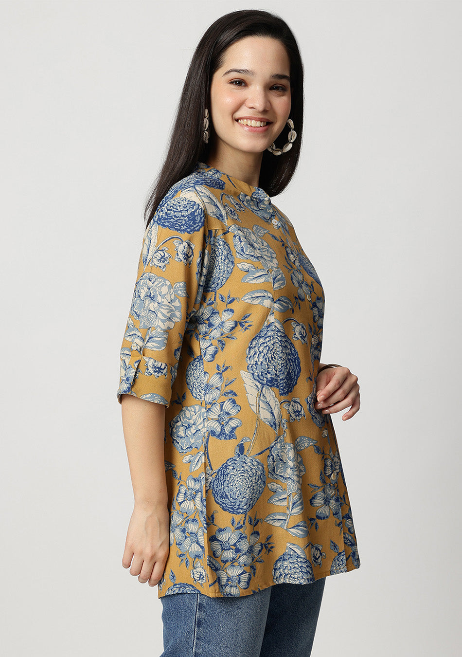 Mustard bloom Rollup Sleeves A-Line Top