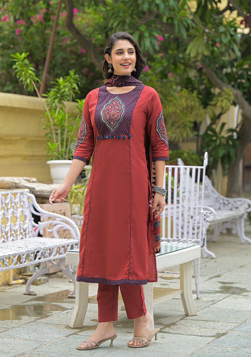 Maroon Cotton Round neck Yoke work kurta Pant Set With Dupatta