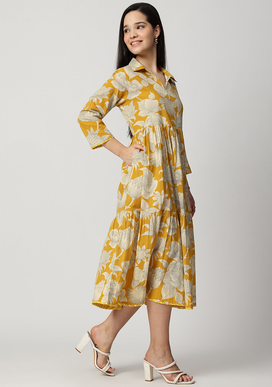 Yellow Botanical Tiered Dress