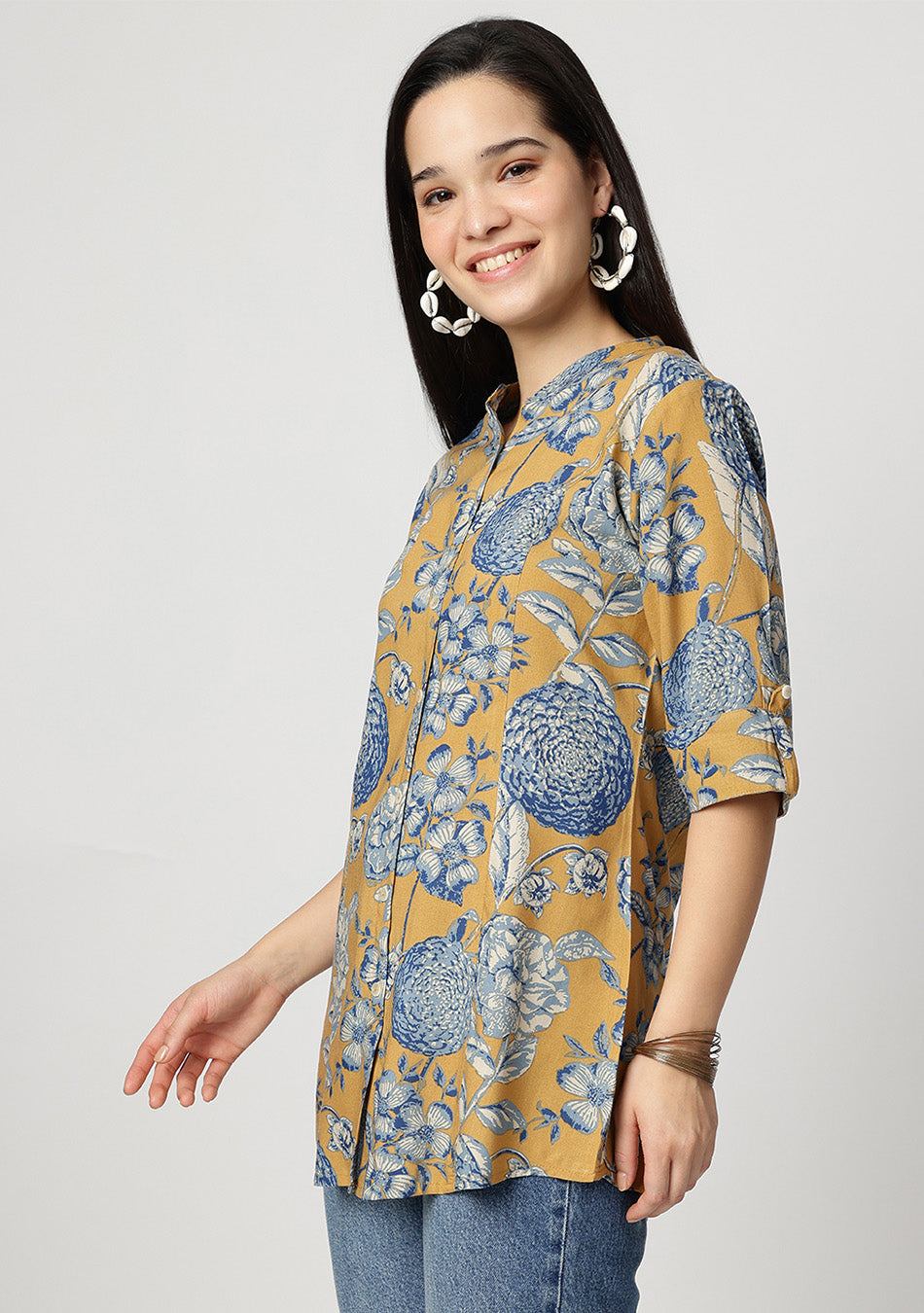 Mustard bloom Rollup Sleeves A-Line Top