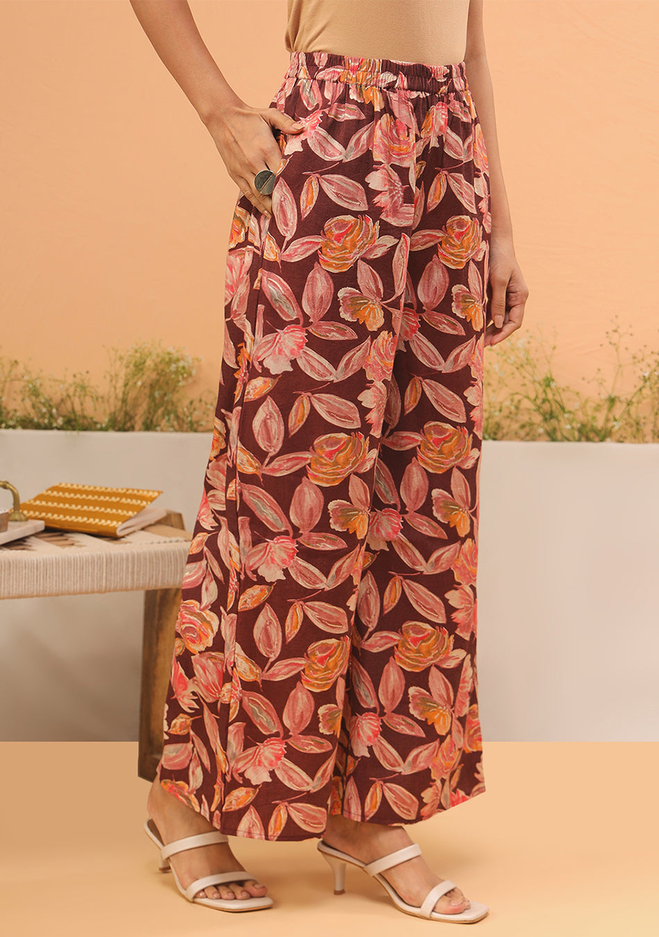 Maroon Floral Print Muslin Peplum Top With Bell-Bottom