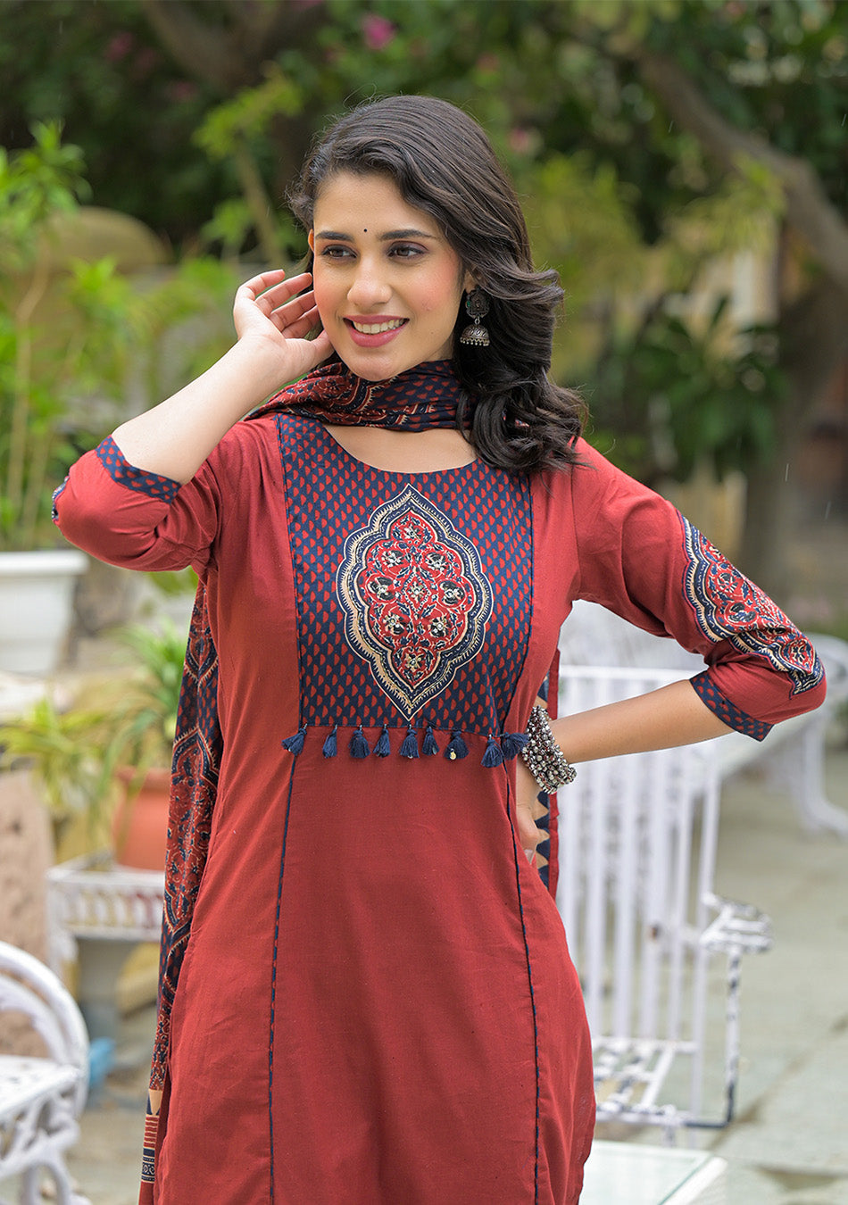 Maroon Cotton Round neck Yoke work kurta Pant Set With Dupatta
