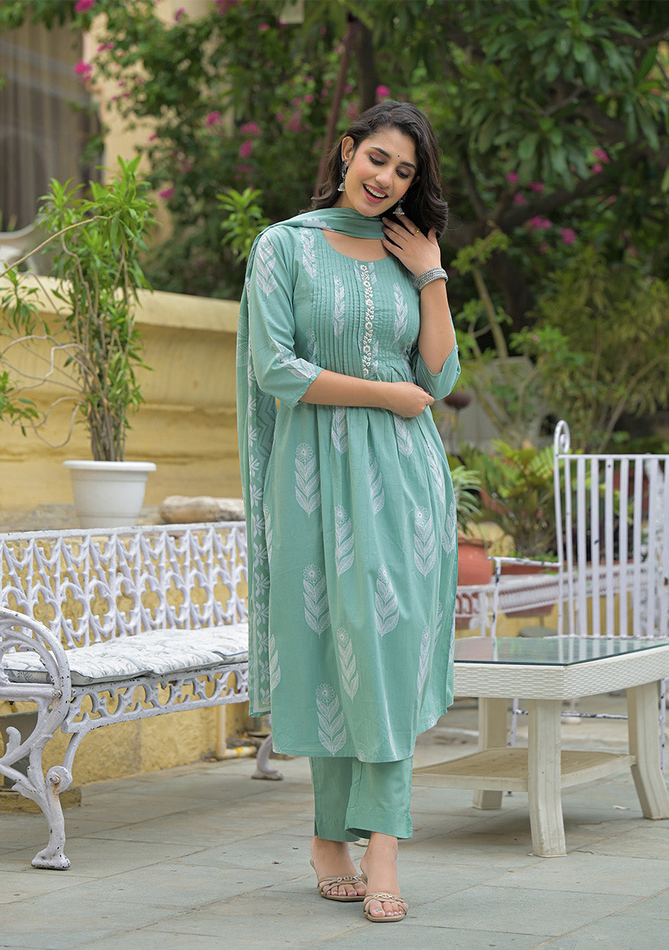 Teal Green Cotton Pintuck Design Kurta pant set with Dupatta