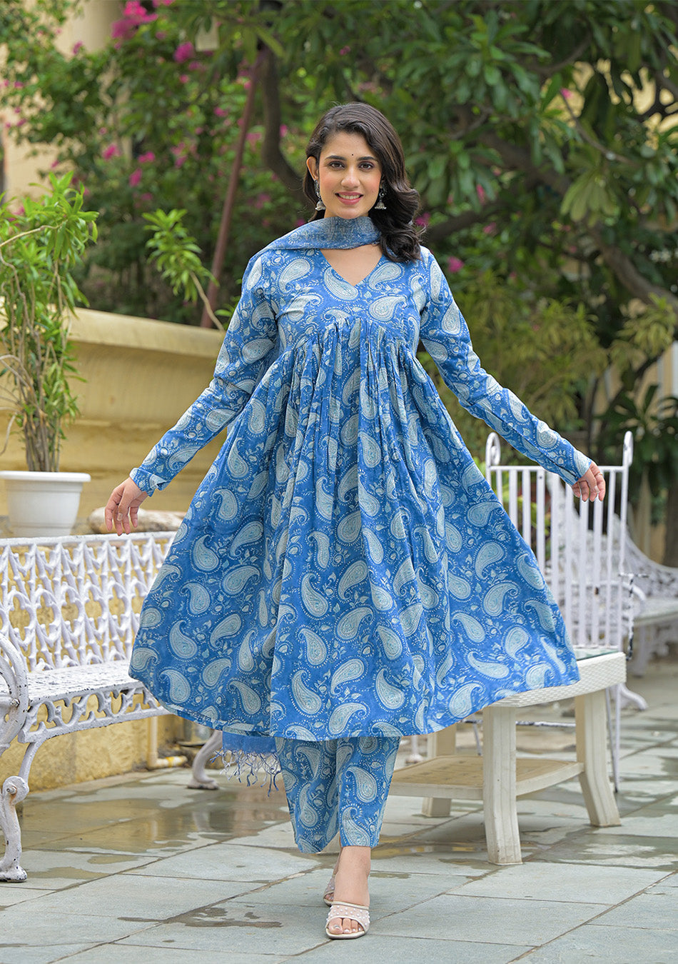 Blue Cotton Paisley Printed Kurta Pant Set With Dupatta