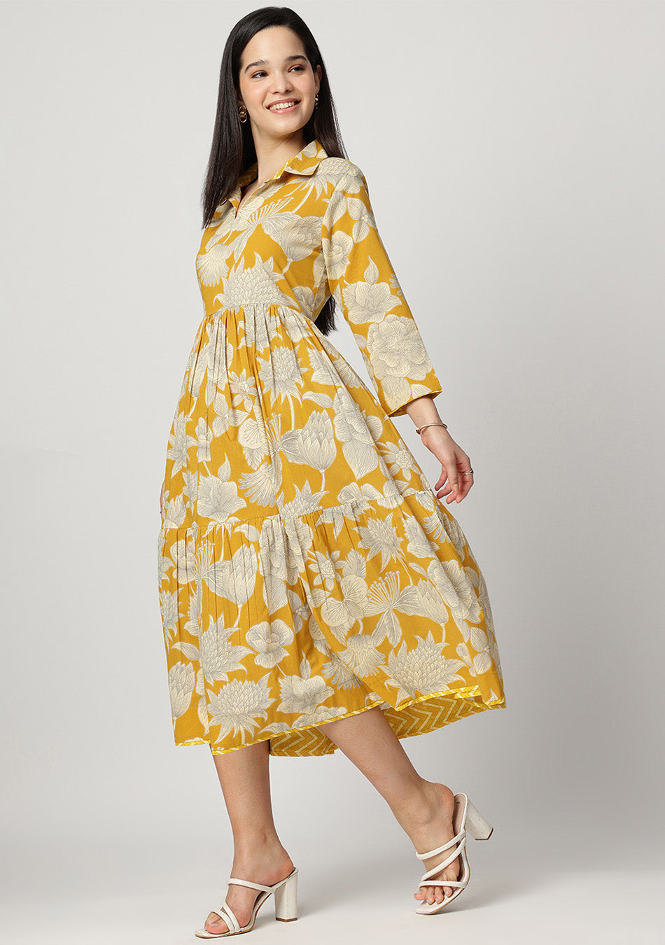 Yellow Botanical Tiered Dress
