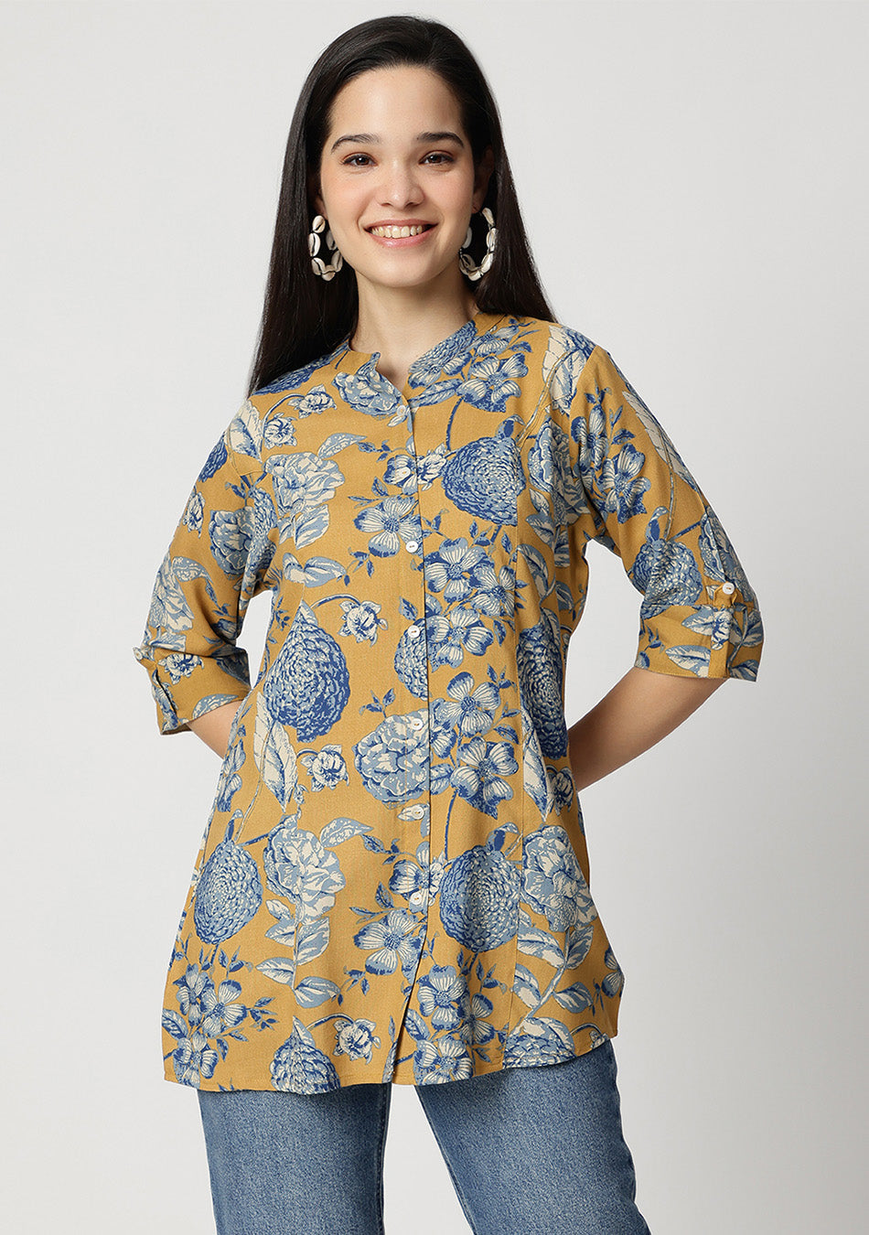 Mustard bloom Rollup Sleeves A-Line Top