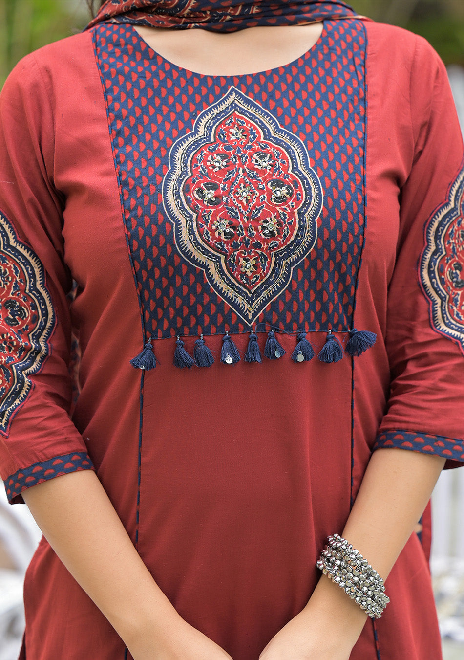 Maroon Cotton Round neck Yoke work kurta Pant Set With Dupatta