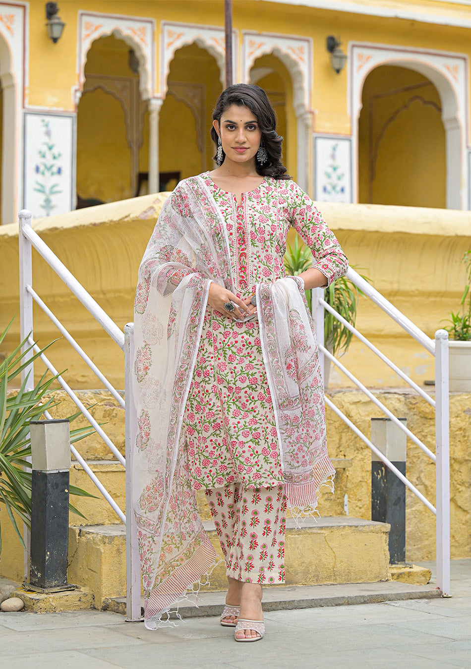 White Cotton Floral Printed Kurta Pant Set with Dupatta