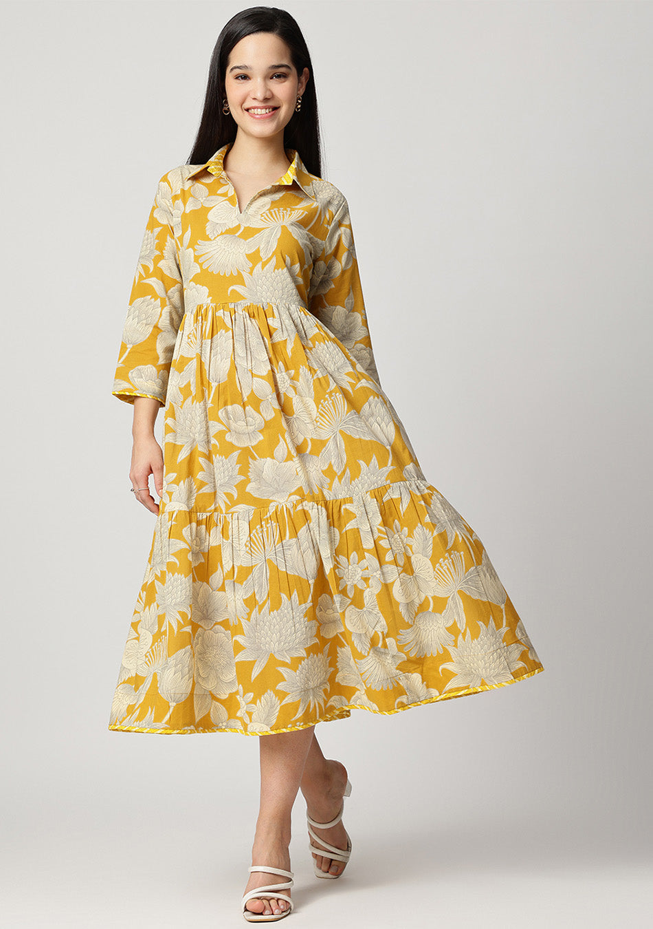 Yellow Botanical Tiered Dress