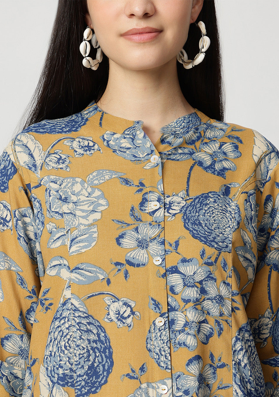 Mustard bloom Rollup Sleeves A-Line Top