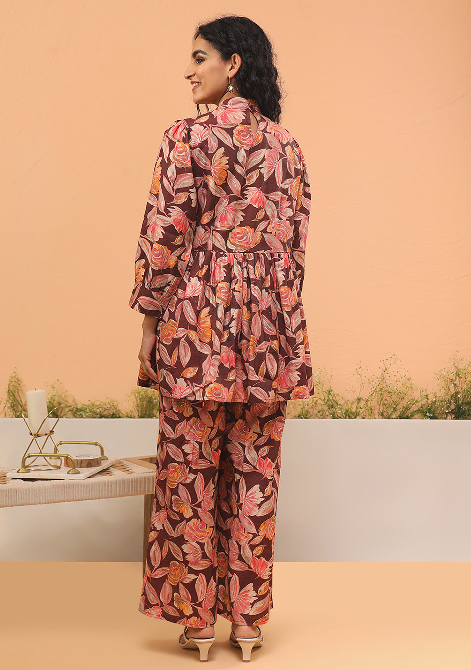 Maroon Floral Print Muslin Peplum Top With Bell-Bottom