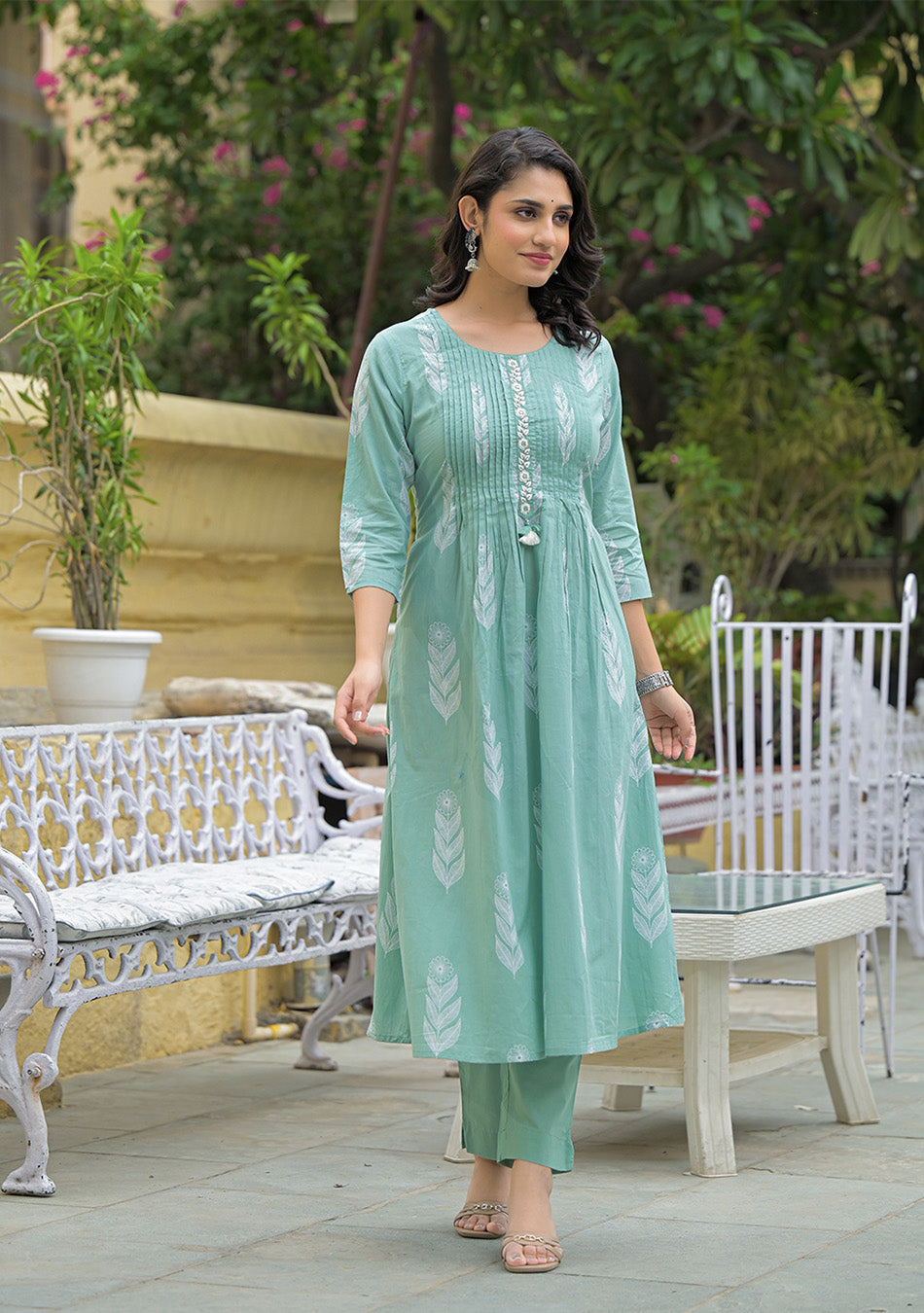 Teal Green Cotton Pintuck Design Kurta pant set with Dupatta
