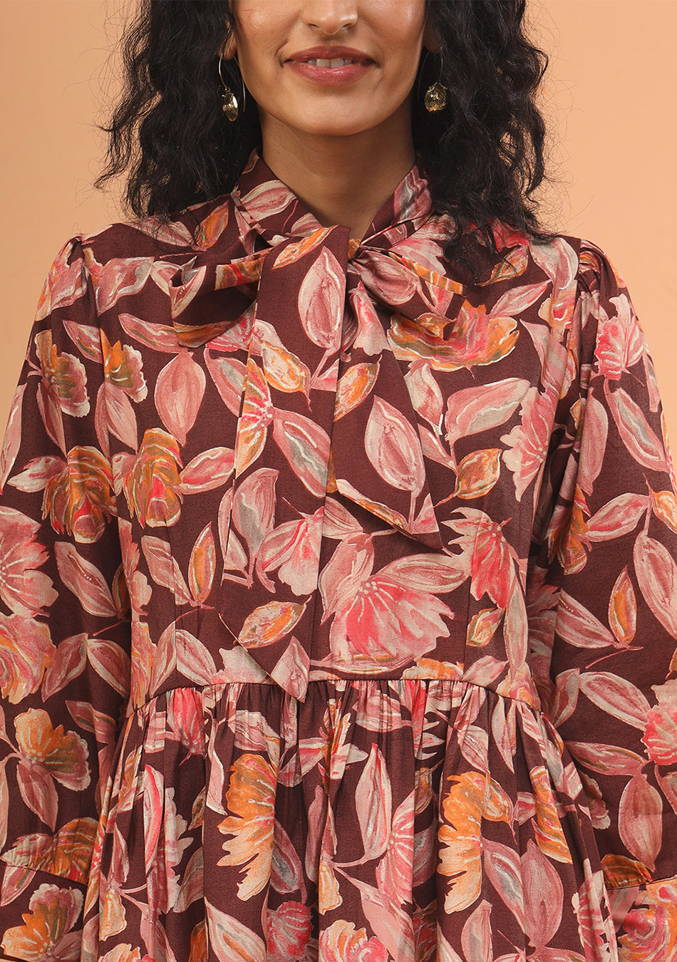 Maroon Floral Print Muslin Peplum Top With Bell-Bottom