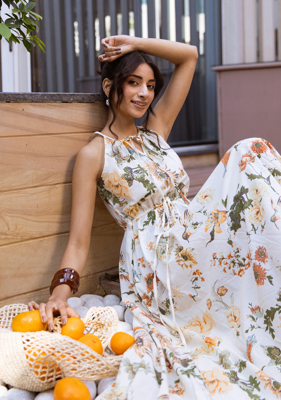 IVORY BOTANICAL HALTER MAXI DRESS